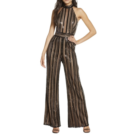 SHO by Tadashi Shoji Black Sequin Stripe Sleeveless Jumpsuit - Picture 1 of 7